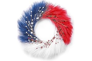 TIVMIK 24 inch Independence Day Wreath,Red White Blue Artificial Reeds with Berries Star Patriotic Floral Decorations Wreaths Home Indoor Outdoor Hanging Pampas Grass Wreath for Memorial Day July 4th