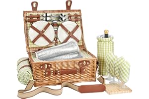 DHAEE Wicker Picnic Basket Set for 4 Person with Cooler Compartment and Waterproof Picnic Blanket,Removable Strap,Wine Bag,Cutlery Set,for Camping,Day Travel,Beach,Hiking,BBQ and Family/Couples Gifts(Green)