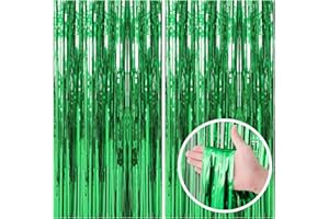 BOMSI 2 Pack Green Streamers Backdrop Jungle Party Decorations Foil Fringe Backdrop Curtains Photo Booth Backdrop for Birthday Dinosaur Animal St Patrick's Day Football Christmas Party Decorations
