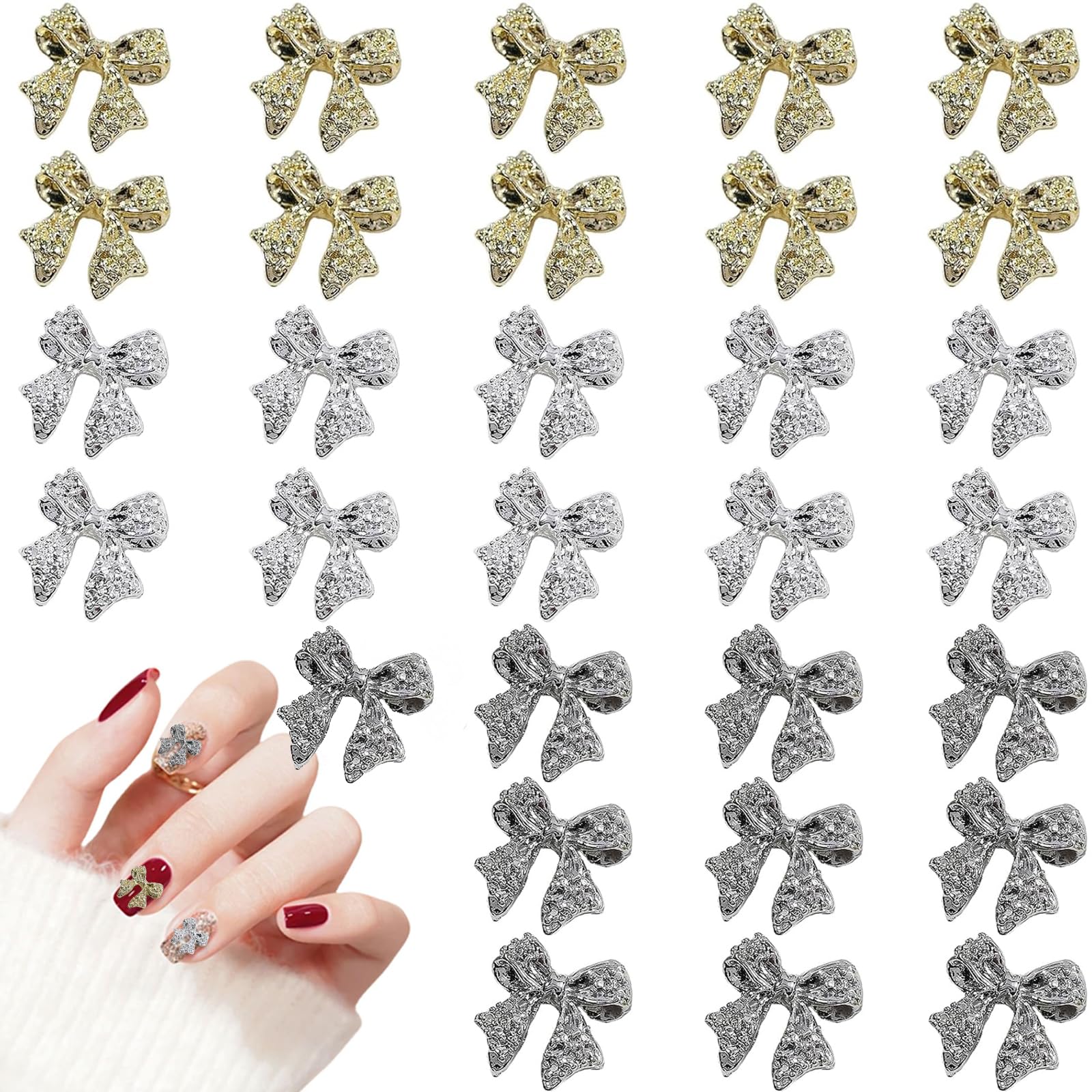 OTKARXUS Bow Nail Charms,30PCS Gold Silver Metal Nail Art Bows,Bowknot Bow Tie Nail Gems Alloy Nail Art Decorations Supplies for Women Girls Manicure Design DIY Crafts (D Gold & Silver)