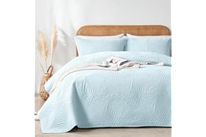 OARAGE Queen Quilt Bedding Set Soft Lightweight Aqua Blue Bedspread with Leaf Pattern,Ultrasonic Microfiber Bed Coverlet Full Size for All Season (1 Quilt, 2 Shams)