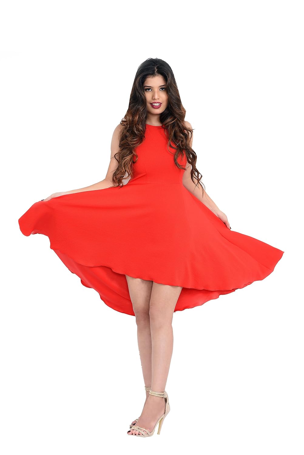 pinwheel women's red high low sleevless waffle party dress
