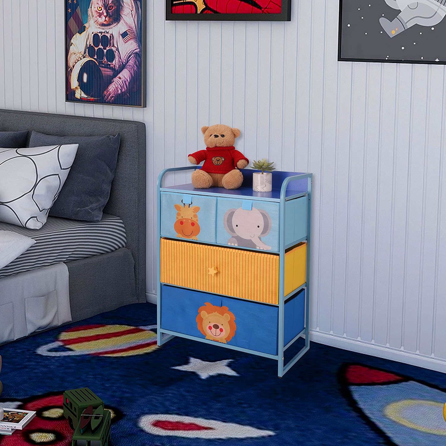 MY LUNA HOME Kids Dresser with 4 Drawers – Nursery Storage & Organizer Furniture for Children, Toddler, Baby– Heavy Duty, Soft & Easy Pull Fabric Bins for Toys, Clothes, Playroom & Bedroom - Blue: Kitchen & Dining