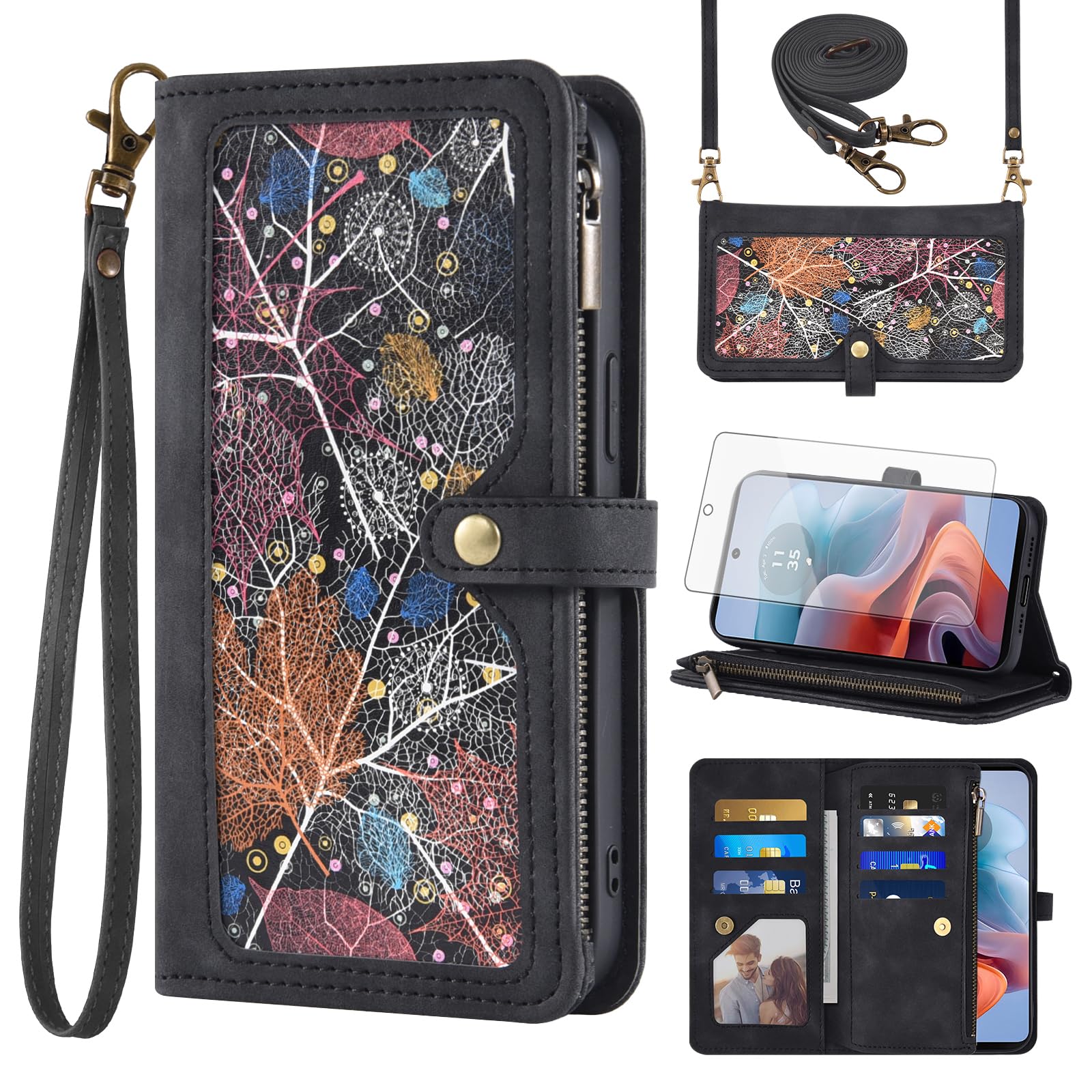 Phone Case for Motorola Moto G34 5G Wallet Cover With Tempered Glass Screen Protector Crossbody Wrist Strap Leather Flip Pattern Zipper Credit Card Holder Stand Cell MotoG34 XT2363-2 Women Men Black