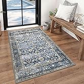 KUTA Vintage Floral 3x5 Entryway Rug, Area Rugs for Living Room Blue Grey Beige Washable Kitchen Carpet Non-Slip, Ultra Thin Soft Printed Distressed Oriental Entry Low-Pile Throw for Dining Room Dorm