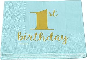 Amscan 1st Birthday Premium Blue Hot Stamped Beverage Napkins, Party Supplies, 6.5