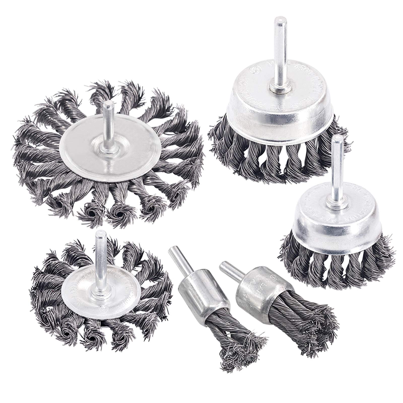 Rustark 6 Pcs Knotted Steel Carbon Knot Wire End Brush, Cup and Flat Wire Wheels Brush Set with 1/4" Shank for Drill, Perfect for Removal of Rust/Corrosion/Paint-Reduced Wire Breakage and Longer Life