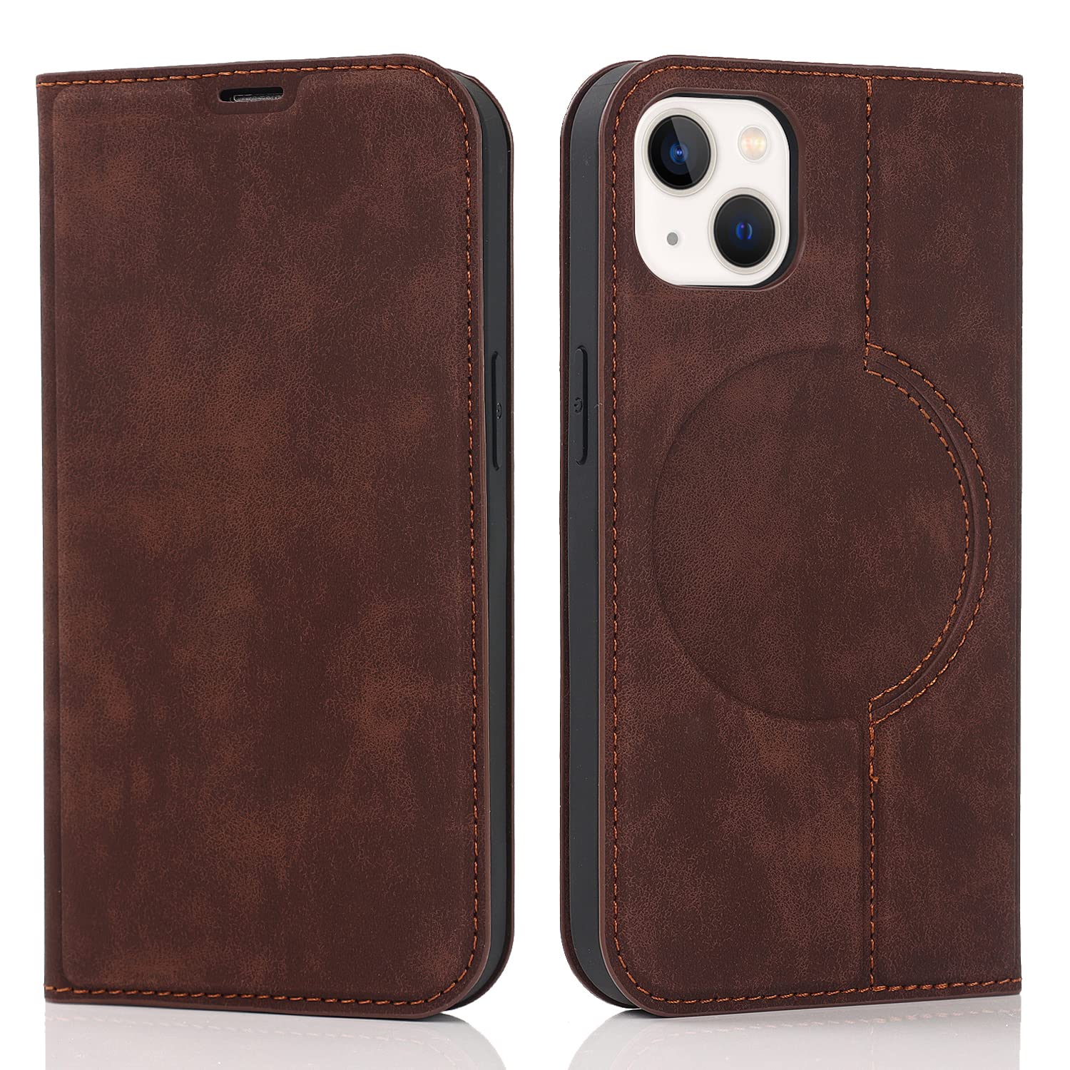 QLTYPRI Wallet Case for iPhone 13 (6.1 inch) Compatible with Magsafe Charger, Magnetic Flip Folio PU Leather Phone Case with RFID Blocking Card Holder Slots Kickstand Shockproof Cover - Coffee Brown — image 1