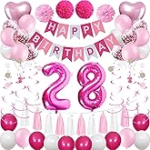 Sweet 28th Birthday Decorations for Women, Pink and White 28 Happy Birthday Balloons，28th Birthday Party Supplies for Her Girlfriend Wife Including Pink Happy Birthday Banner, Hot Pink Number 28 Foil
