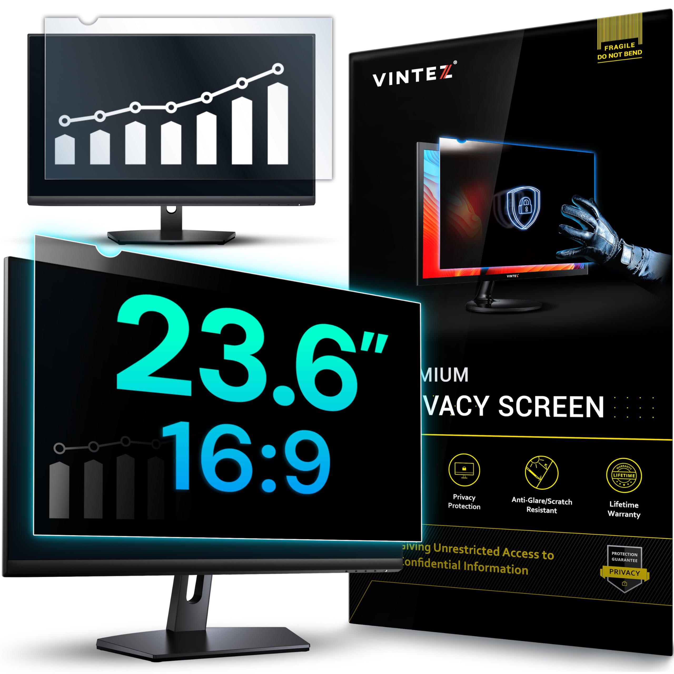 VINTEZ 23.6 Inch 16:9 Privacy Screen for Computer Monitor and Laptop - Anti Glare Protector Film Blue Light Filter Eye Protection - Computer Screen Privacy Shield, [1 Pack]