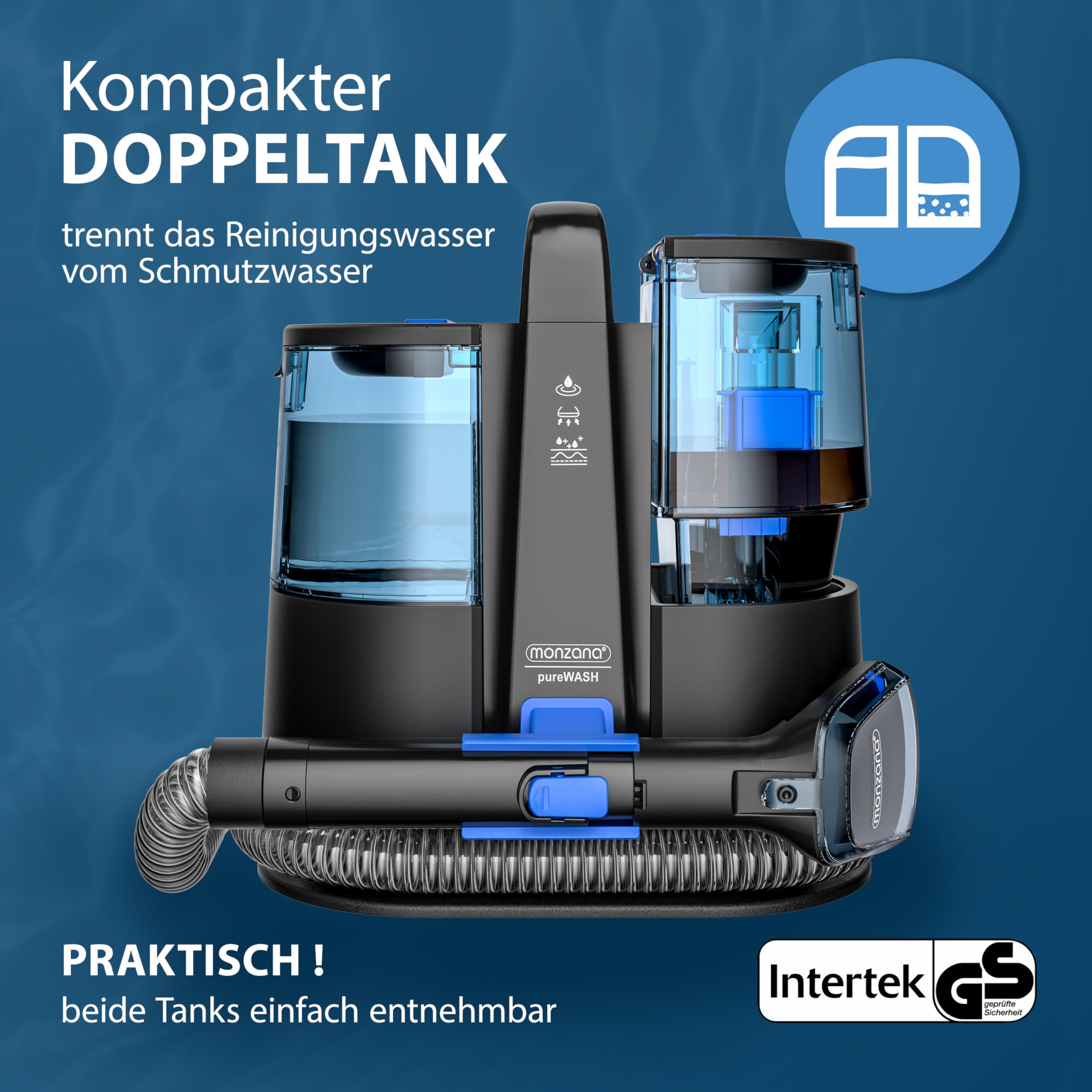 MONZANA® Polsterreiniger Gerät Waschsauger mit 2-in-1 Bürstenaufsatz für Teppiche & Polster 1,2 m Schlauch & 5,5 m Reichweite Nasssauger Teppichreiniger Haushalt 6