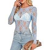 OFEEFAN Womens Mesh Tops Lace Long Sleeve Shirts Crewneck Slim Fitted Outfits See Through Blouses