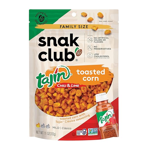 SNAK CLUB TAJIN TOASTED CORN, ROASTED CORN NUGGETS WITH CHILI AND LIME SEASONING, MILD, NON-GMO, GLUTEN-FREE, KOSHER SNACK, NO ARTIFICIAL COLORS OR FLAVORS, LOW CHOLESTEROL, 11 OZ RESEALABLE BAG