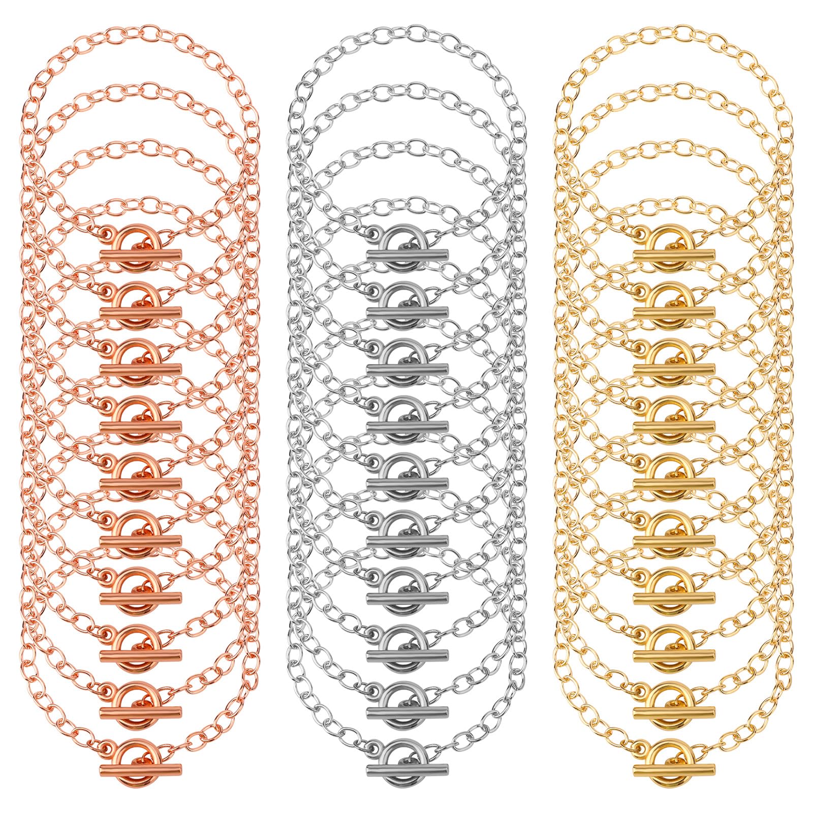 30pcs Bracelet Chains for Bulk Jewelry Making, Alloy Link Chain with OT Toggle Clasp Snake Chain Bracelet for Women DIY Jewelry Crafts Supplies (Rose Gold & Gold & Silver)