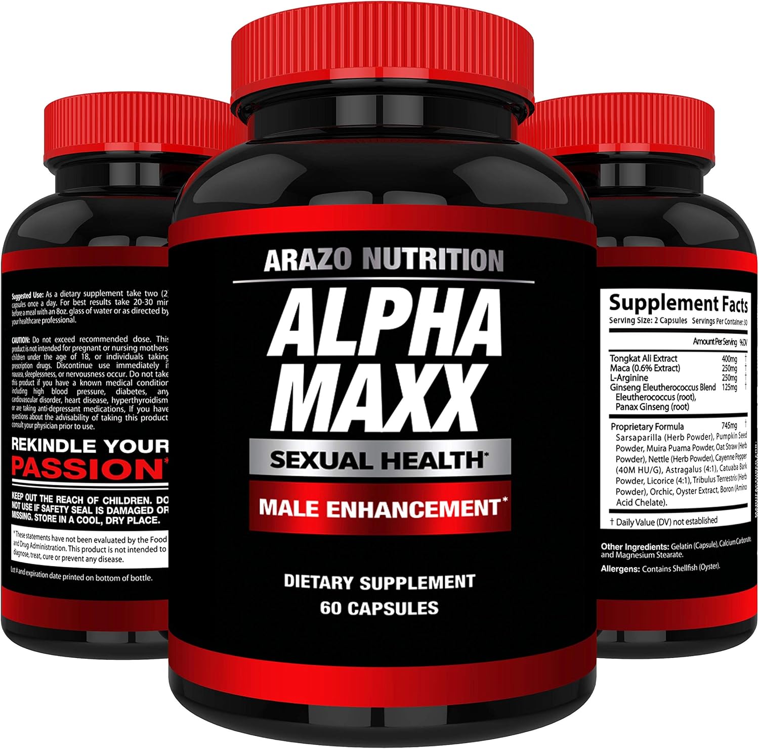 AlphaMAXX Male Enhancement Supplement - Ginseng, Muira Puama, Tribulus - 60 Herbal Pill - Arazo Nutrition: Health & Personal Care