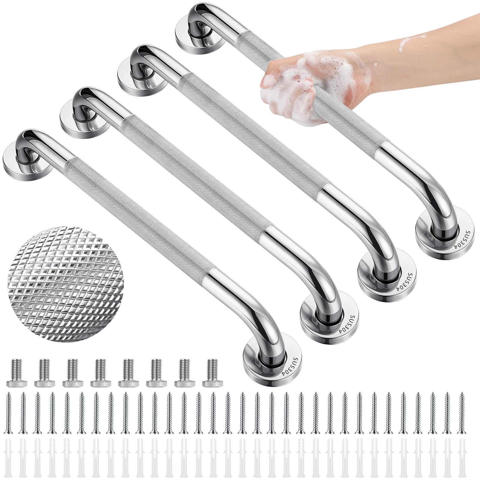 Photo 1 of 4 Pack 16 Inch Grab Bars for Bathtubs and Showers Anti Slip Shower Handle Stainless Steel Bathroom Grab Bar Holds Up to 500Lbs 1" Diameter Handicap Shower Grab Bars for Wall for Elderly and Disabled