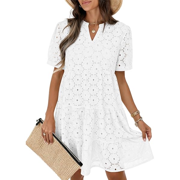 Imily Bela Womens Summer Lace Dresses Eyelet Casual Flowy Babydoll Swing  Short Sleeve V Neck Tunic Dress Beige at Amazon Women's Clothing store