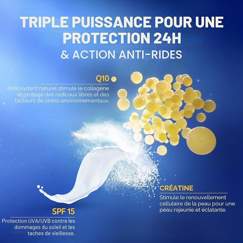 Q10 Power SPF15 Crème de jour raffermissante, hydratante anti-âge + créatine & Q10 pour femme Réduit l'apparence des rides et des ridules - 50 ml, (lot de 1)