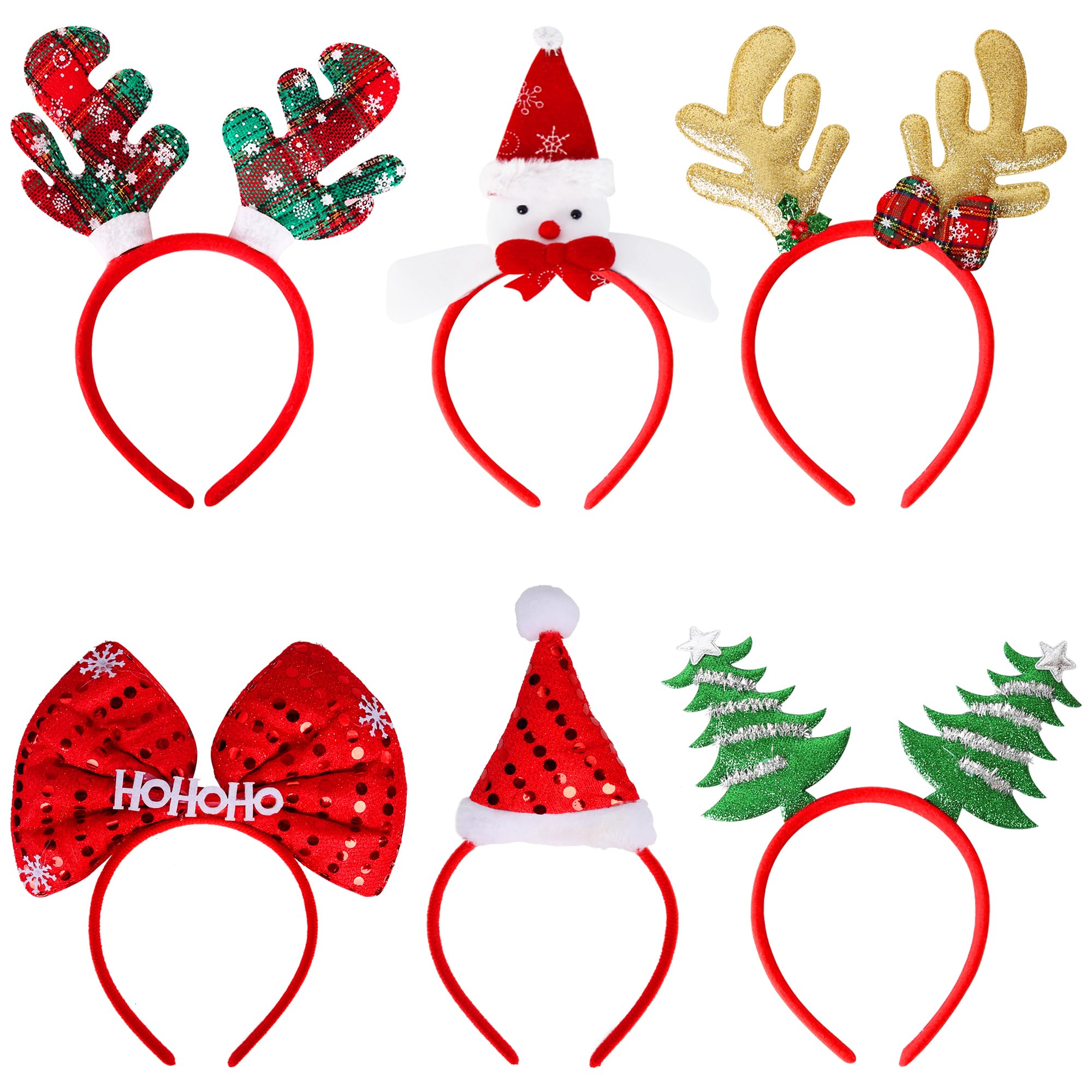 KEYIDO 6 Pack Christmas Headbands, Christmas Party Hat Snowman Christmas Tree Reindeer Antlers Novelty Fancy Dress Costume Headwear Hairband for Kids Adults, Xmas Holiday Party Favors