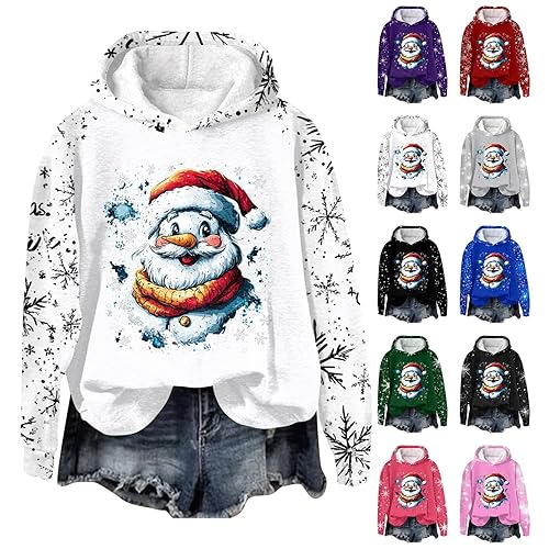 christmas jumper hoodie Christmas Hoodies For Women UK Ladies Long Sleeve Autumn Sweatshirts Trendy Round Neck Santa Print Pullover Tee Comfy Shirt Xmas Theme Print No drawstring Hoodies White L
