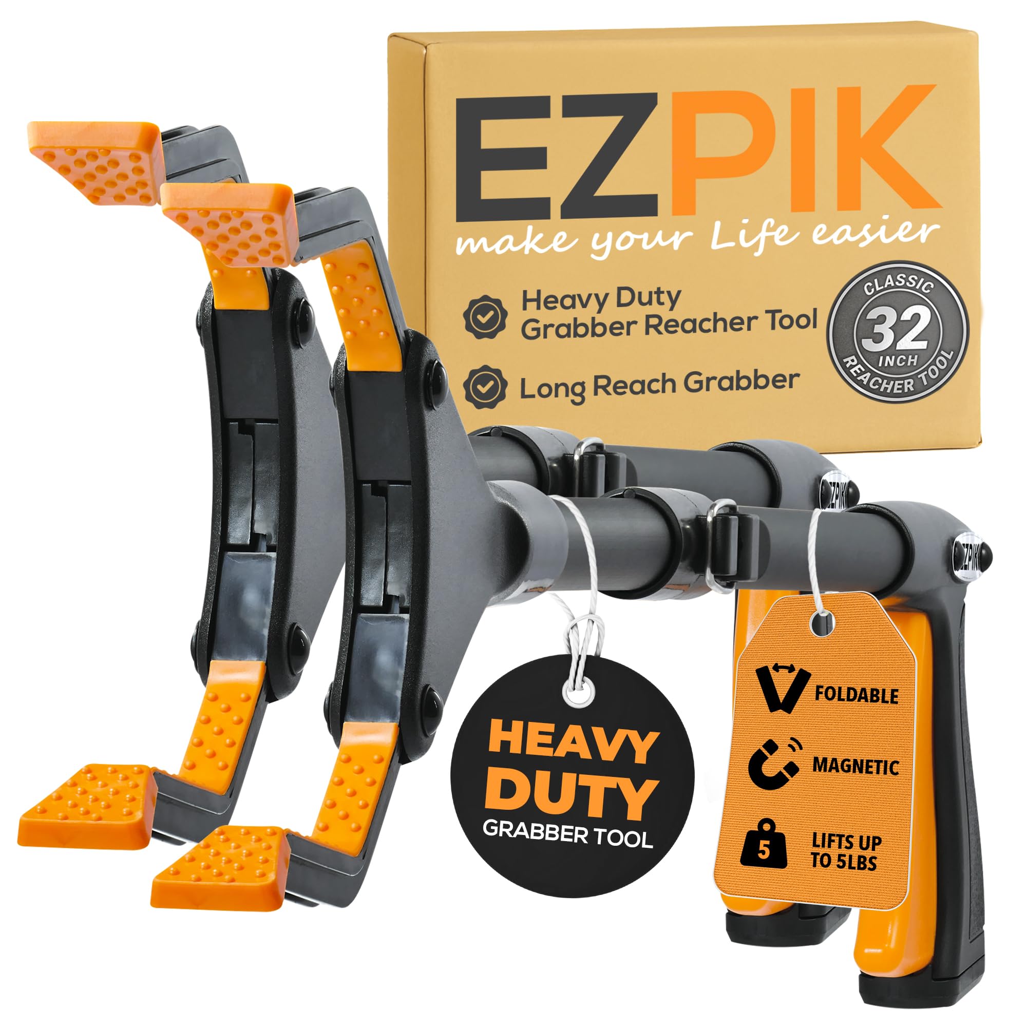 2 x EZPIK® 32" Foldable Litter Picker-Grabber - Heavy-Duty Rubbish Picker Grabber Stick - Lightweight Reaching Aids for The Elderly with Rotating Head - Magnet and Universal Clip-On [ 2 Pack ]