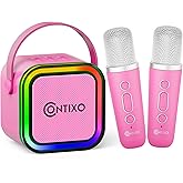 Contixo KS1A Kids Mini Karaoke Machine with LED Lights, 7–10H Playback, Dual Wireless Mics, Magic Voice Effects, Bluetooth Speaker for Children, Portable Singing Toy Gift for Boys & Girls, Pink