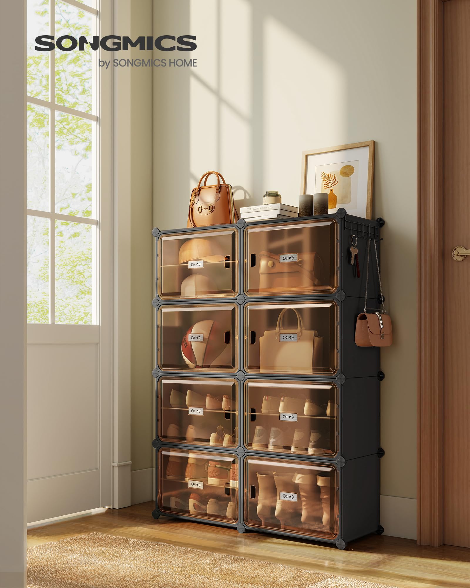 SONGMICS Schuhregal mit 8 Fächern, Schuhschrank, 30 x 45 x 30 cm pro Fach, durchsichtige Tür, Metallrahmen, für 32 Paar Schuhe, Flur, Schlafzimmer, tintenschwarz-transparentes Braun LPC054BH01 2