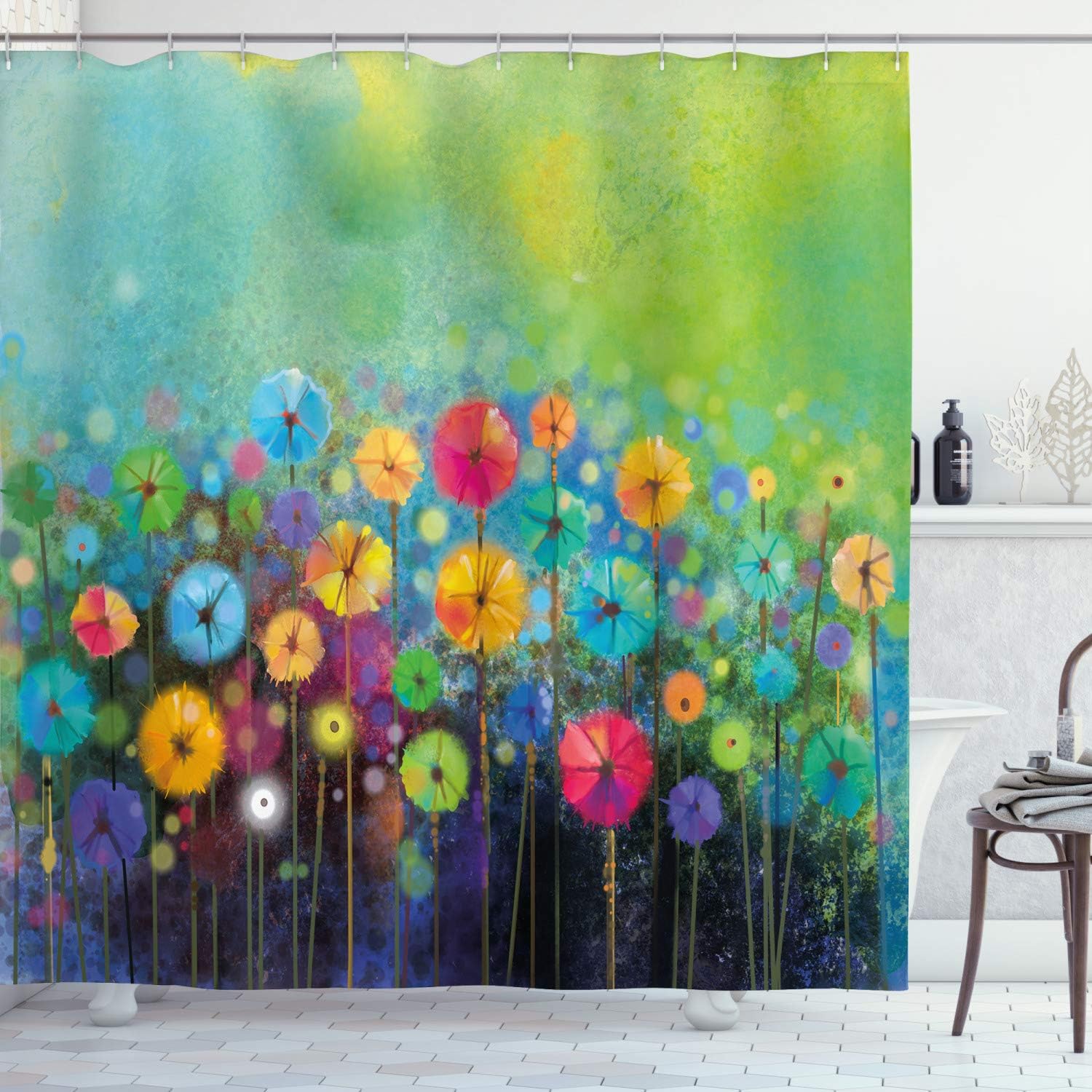 Ambesonne Flower Shower Curtain, Dandelions Featured in Garden with Brushstrokes Watercolored Abstract Landscape Art, Cloth Fabric Bathroom Decor Set with Hooks, 75