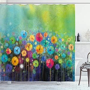 Ambesonne Flower Shower Curtain, Dandelions Featured in Garden with Brushstrokes Watercolored Abstract Landscape Art, Cloth Fabric Bathroom Decor Set with Hooks, 75