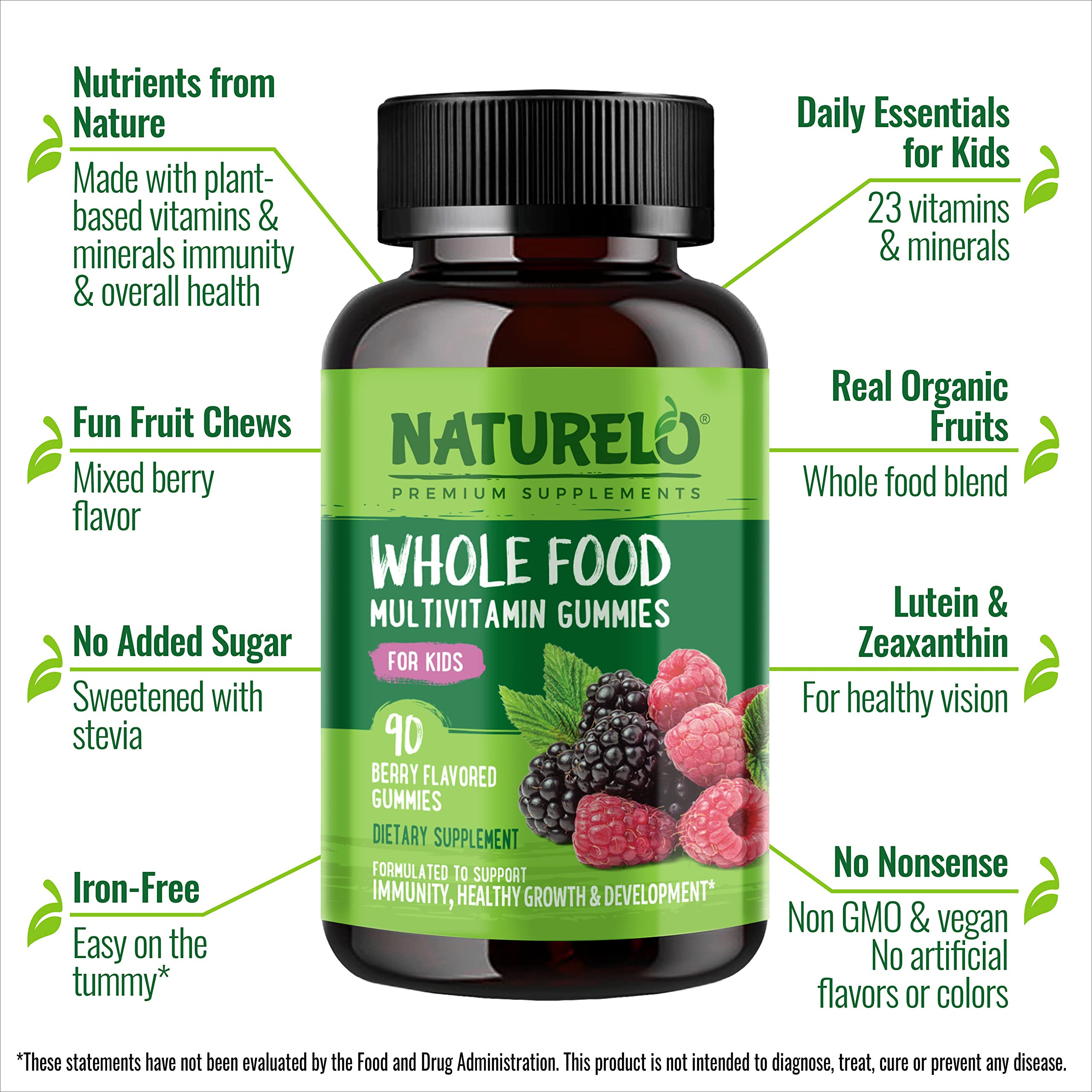 NATURELO Whole Food Vitamin Gummies for Kids - Chewable Gummy Multivitamin for Children - Non-GMO - with Vitamins & Minerals - 90 Vegan Gummies