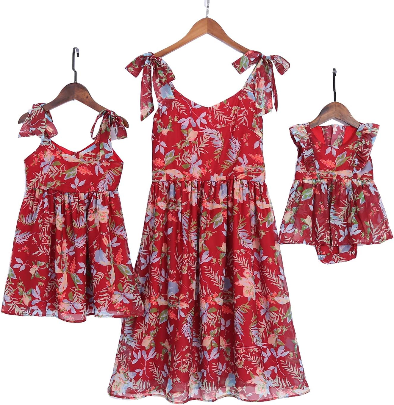 PopReal Mommy and Me Floral Printed Dresses Shoulder Straps Bowknot Chiffon Sleeveless Matching Outfits