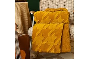 HT&PJ Sherpa Fleece Throw Blanket Super Soft Fluffy Throws Houndstooth Blanket Decorative for Bed, Sofa, Couch - Gold, 50x60i