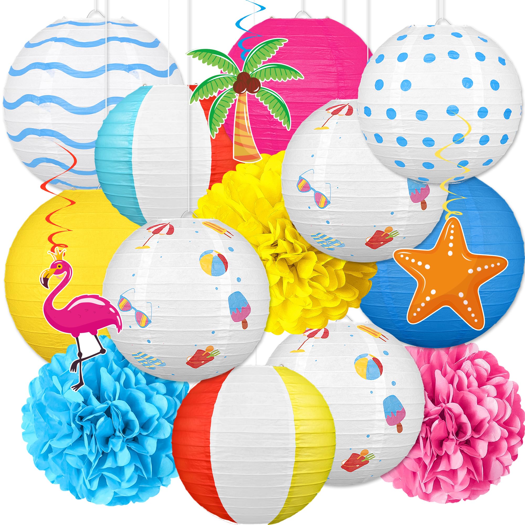 Photo 1 of 16Pcs Summer Party Decorations Paper Lanterns Pom Poms Hanging Swirls - Beach Pool Luau Hawaiian Tropical Hanging Decor for Home Birthday Outdoor Indoor