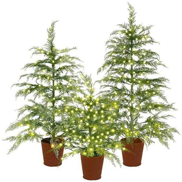 CINNVOICE CHRISTMAS 3FT 4FT 5FT POTTED PRE-LIT TWINKLE LED CYPRESS NORFOLK ARTIFICIAL CHRISTMAS TREE, FAUX POTTED PLANTS WITH A WOVEN BASKET BASE FOR FRONT PORCH INDOOR OUTDOOR DECOR(CYPRESS TREE)