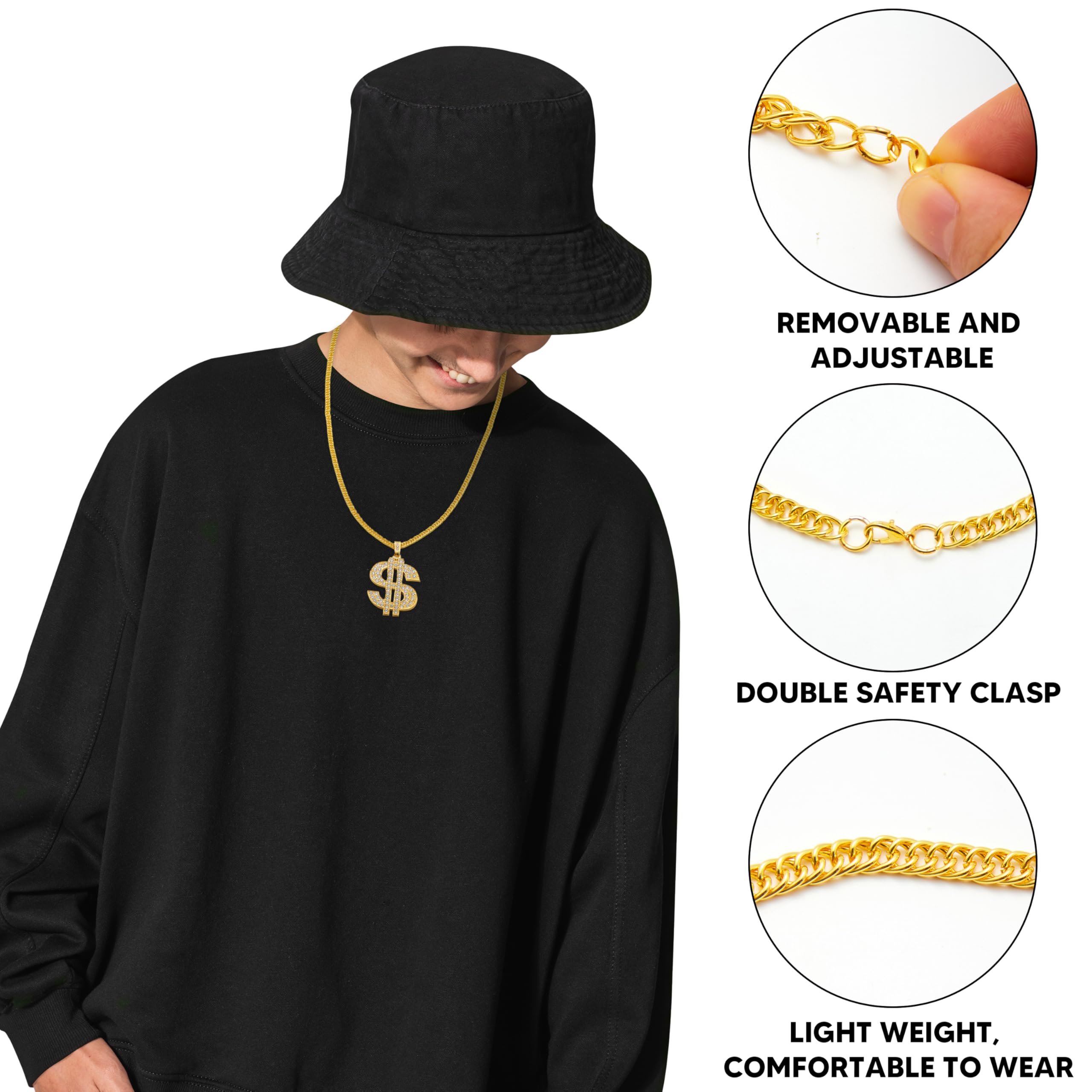 Spooktacular Creations 2 pcs Gold Dollar Chains Necklaces, Money Pendant Chain Hip Hop Dollar Sign Necklace Jewelry Halloween Accessory for Men Women Dress Up Party