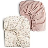Konssy Muslin Crib Sheets for Girl Boy, 2 PCS Soft and Breathable Cotton Baby Sheets for Standard Crib Mattress, 52"x 28" (Floral, Pink)