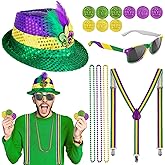 17 Pcs Mardi Gras Costume Accessories Include Hats Suspenders Necklaces Glasses Coins Hat Tags for Mardi Gras Party Accessories Carnival Parade Supplies Multicolor
