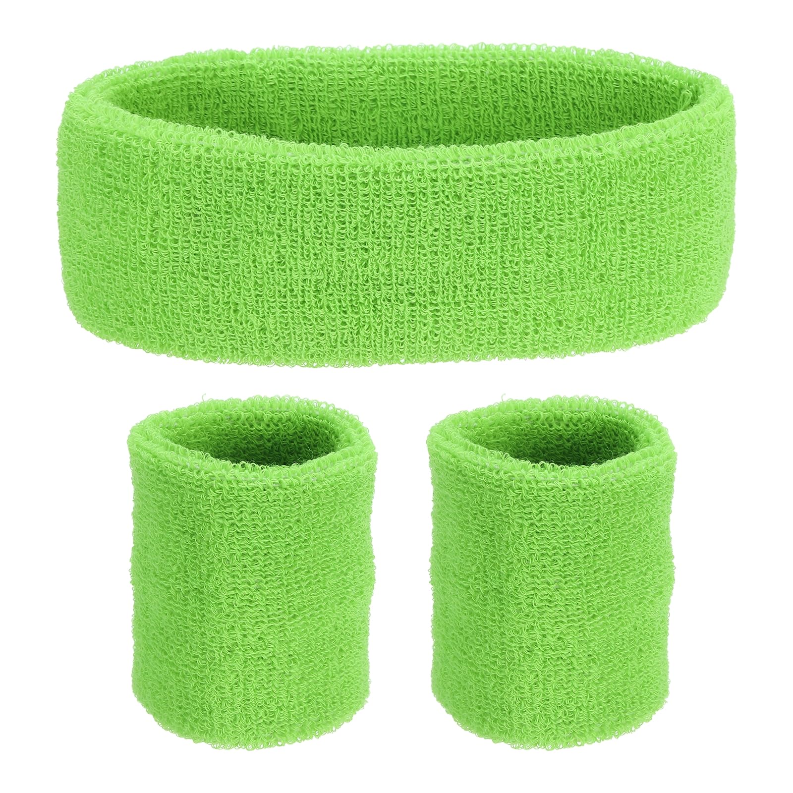 PATIKIL Sports Wristbands Headband Set, 8x8cm Cotton Terry Cloth Athletic Absorbent Sweatband 20x5cm Headband for Tennis Basketball Running, Light Green (1 Headband & 2 Wristbands)