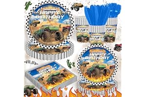 REJOICE BUNNY 120PCS Monster Truck Party Supplies for Kids Boys 1st 2nd Birthday Party Decorations Monster Car Bday Party Disposable Tableware Set Plates Napkin Cups Set for 20 Guests