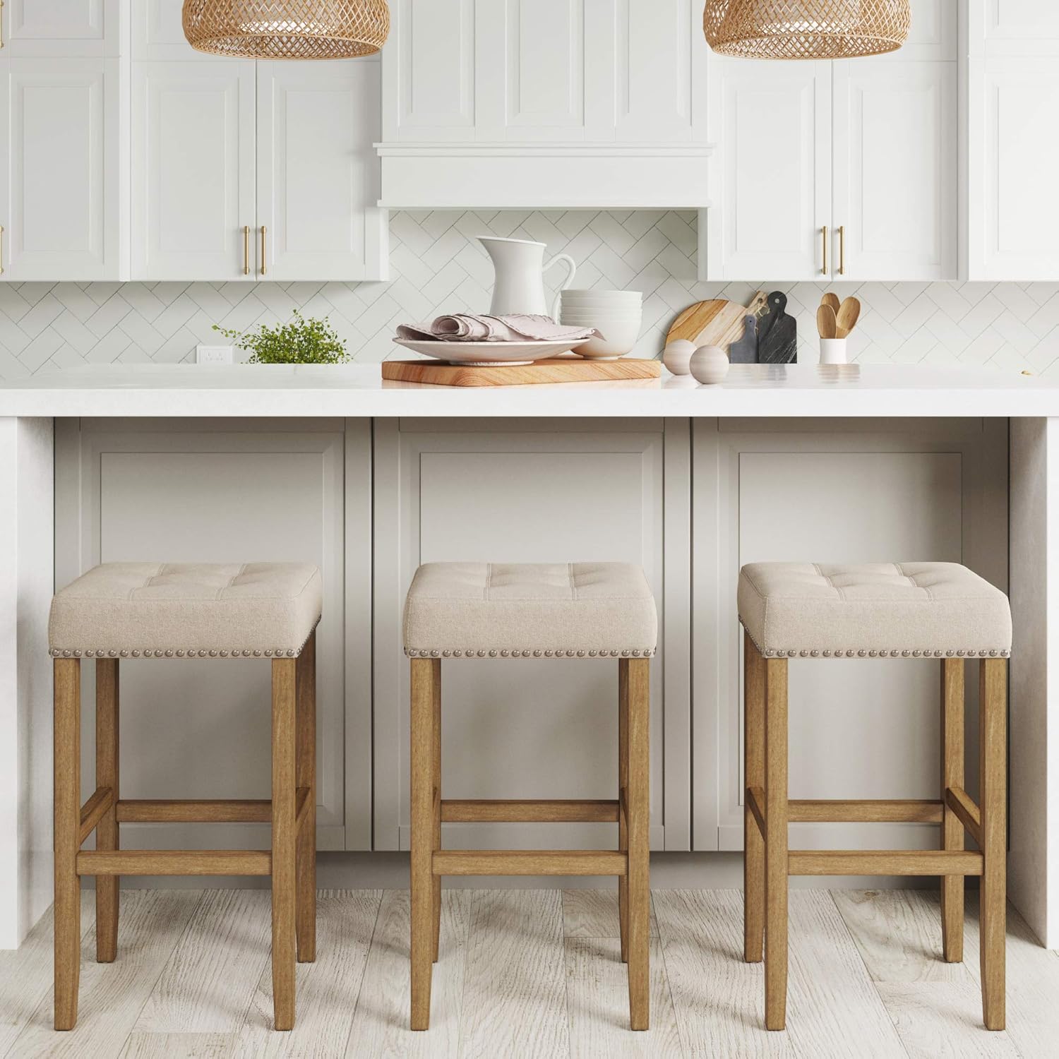 Nathan James Hylie Nailhead Wood Pub-Height Kitchen Counter Bar Stool 29", Natural Flax/Light Brown: Furniture & Decor