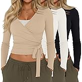 Velvelhall 3 Pack Women's Cross Wrap Tie Top Long Sleeve Cotton Slim Fitted Ribbed Yoga Shirt Pilates Ballet Workout Blouse