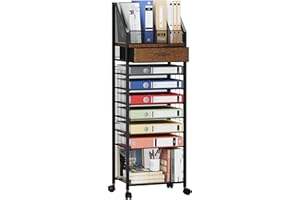 SWTYMIKI 9-Tier Rolling File Cart - Paper Organizer with Drawer and Trays, Wood Desk Office Organizer, Office Organization and Binder Storage for Workspace, Home, School, Espresso