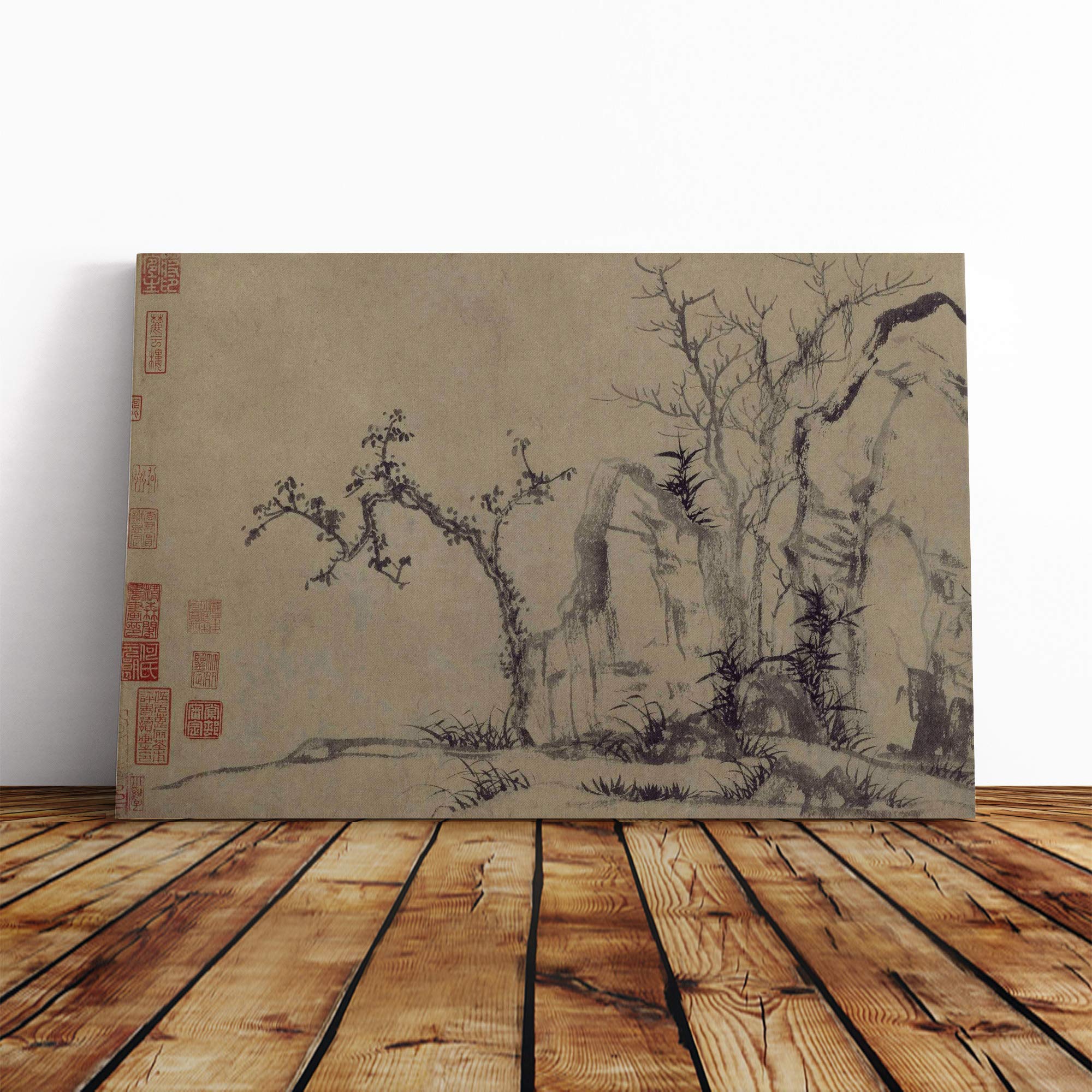 Zhao Mengfu Oriental Rocks Canvas Print | Gallery Wrapped 30mm Frame Wall Art | 20x14 inches | Ready to Hang | Modern Picture | Living Room Bedroom Lounge Office