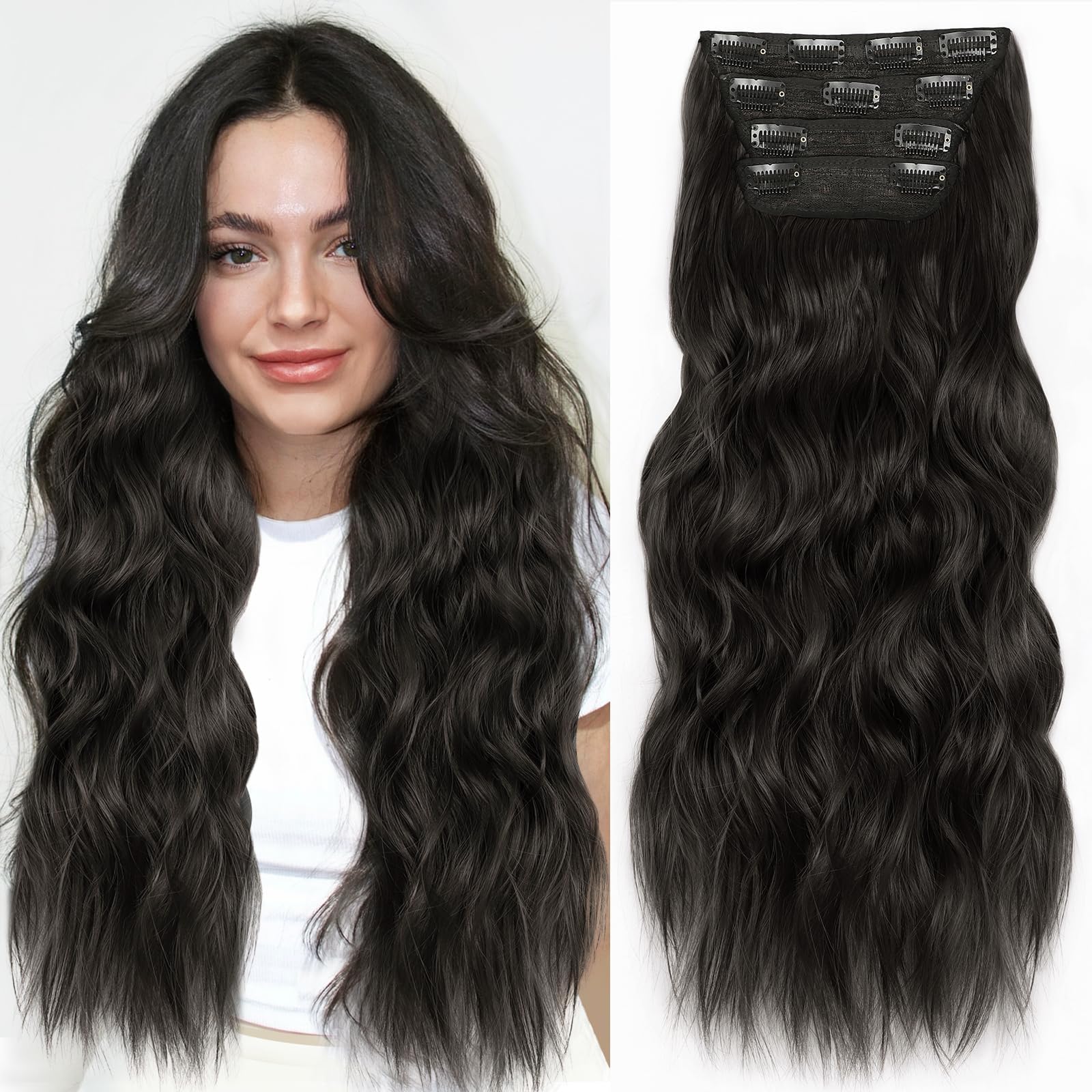 Photo 1 of ALXNAN Clip in Long Wavy Synthetic Hair Extension 24 Inch Black Brown 4PCS Thick Hairpieces Fiber Double Weft Hair for Women