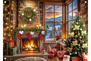 SJOLOON 7x5ft Christmas Backdrop Fireplace Background with Christmas Tree Gifts for Xmas Party Decoration Studio Props 12817