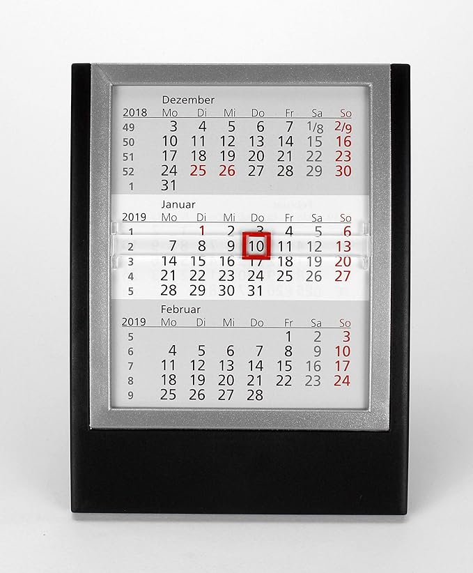 HiCuCo 3-Monats-Tischkalender für 2 Jahre (2019 und 2020) - Aufstellkalender - mit aufklappbarem Frontrahmen - schwarz/silber