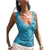 MakeMeChic Women's Y2k Sparkly Sequin Tank Tops Floral Sexy V Neck Lace Crop Party Top
