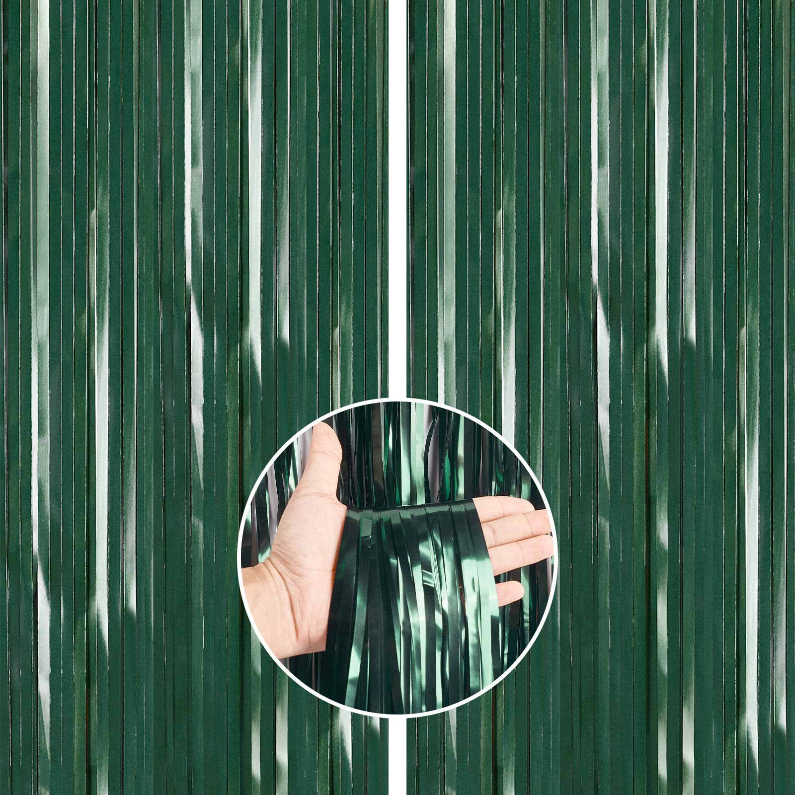 Photo 1 of PartyWoo Retro Green Foil Fringe Curtain,2 pcs 3.3x6.6 ft Dark Green Streamers, Fringe Backdrop, Tinsel Backdrop, Tinsel Curtain, Door Shimmer, Birthday Party Streamers, Christmas Decorations