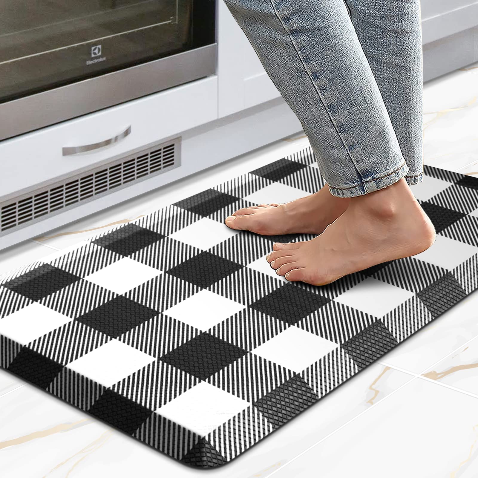 View 1 of *** BROWN *** MAYHMYO Kitchen Mats Cushioned Anti Fatigue 0.47" Thick Black and White Buffalo Plaid Kitchen Rug Floor Mat Non Slip Waterproof Farmhouse Comfort Standing Mat for Home Office Sink