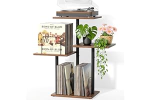 Bikoney Botanical Record Player Stand with Vinyl Storage, Wood Turntable Table Furniture with LP Record Shelf, Record Album Organizer & Display for Small Spaces, Apartments, Bedroom, Living Room